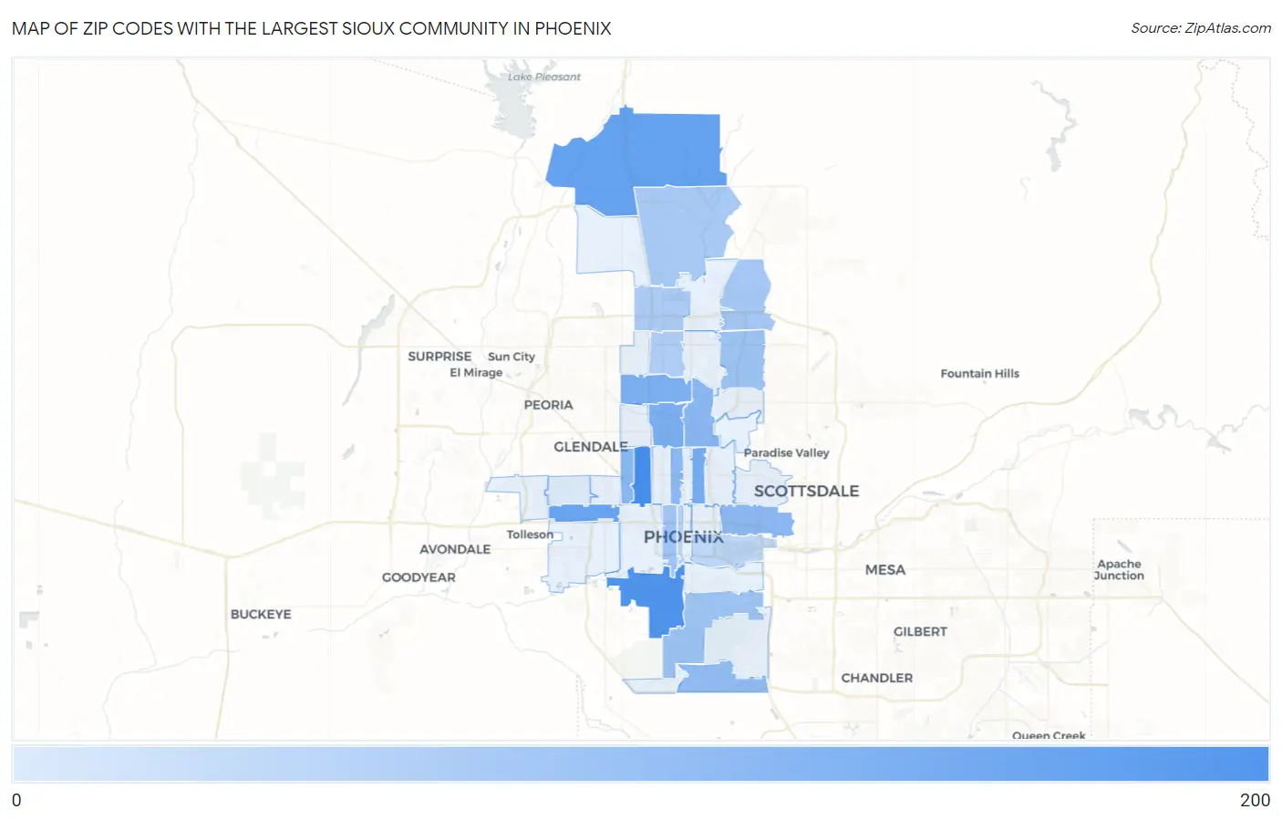 Zip Codes with the Largest Sioux Community in Phoenix Map
