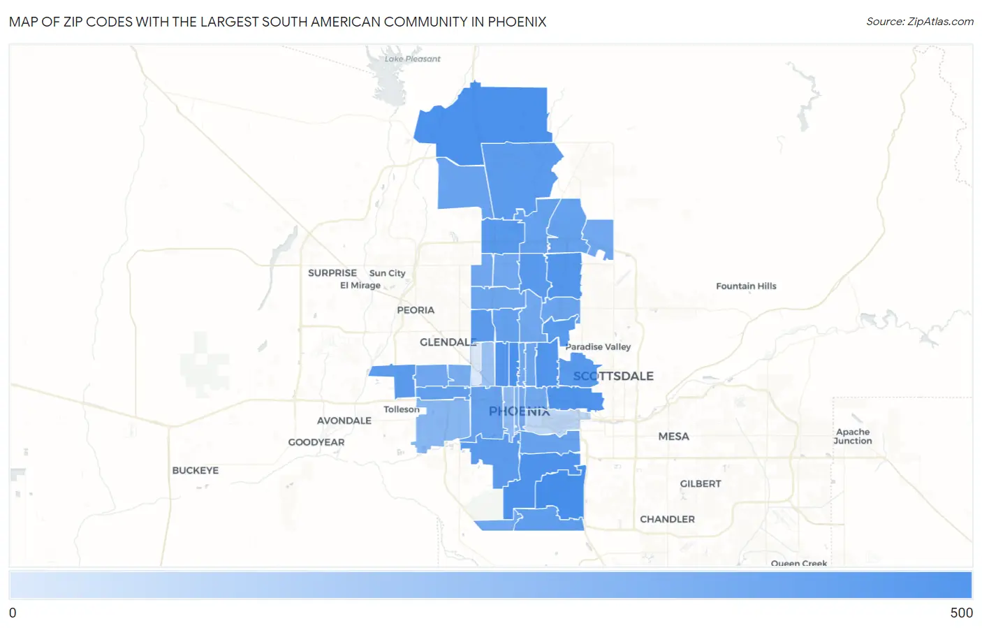 Zip Codes with the Largest South American Community in Phoenix Map