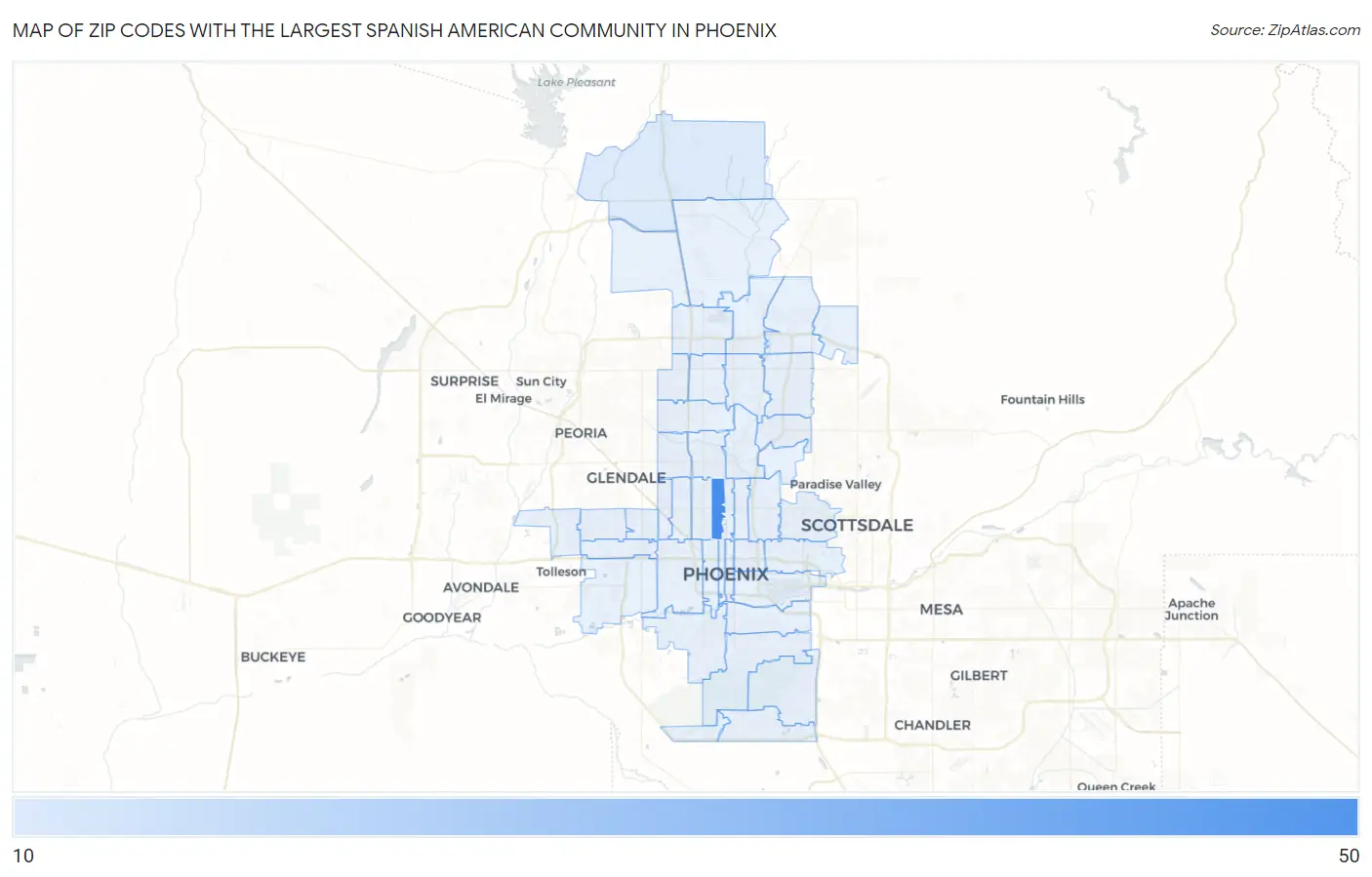 Zip Codes with the Largest Spanish American Community in Phoenix Map