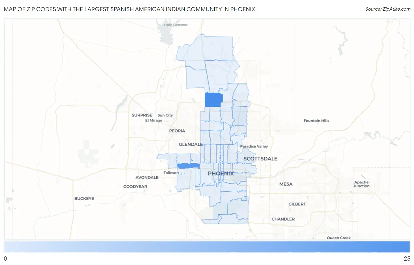 Zip Codes with the Largest Spanish American Indian Community in Phoenix Map