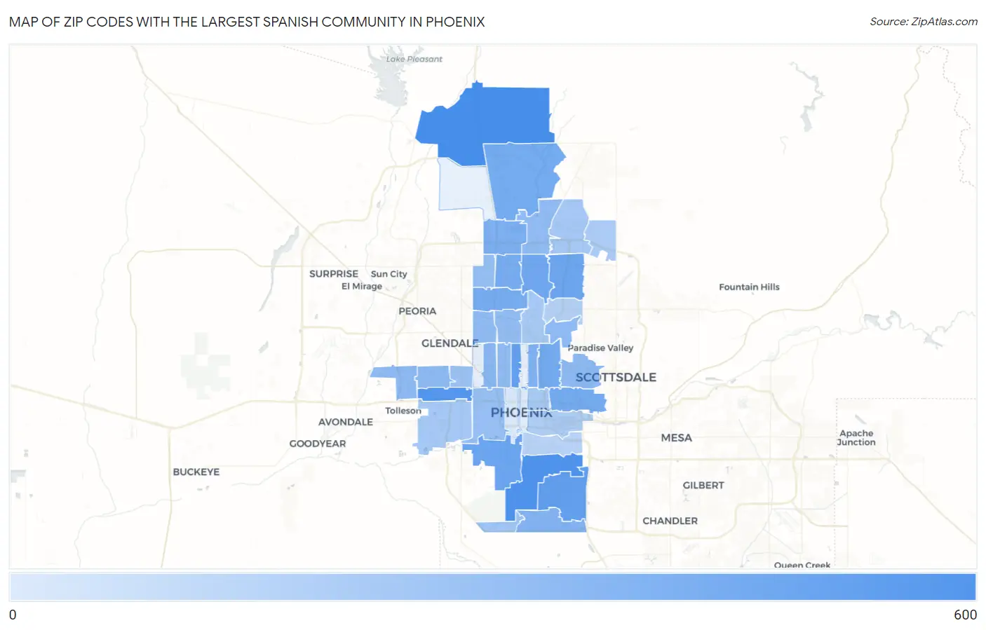 Zip Codes with the Largest Spanish Community in Phoenix Map