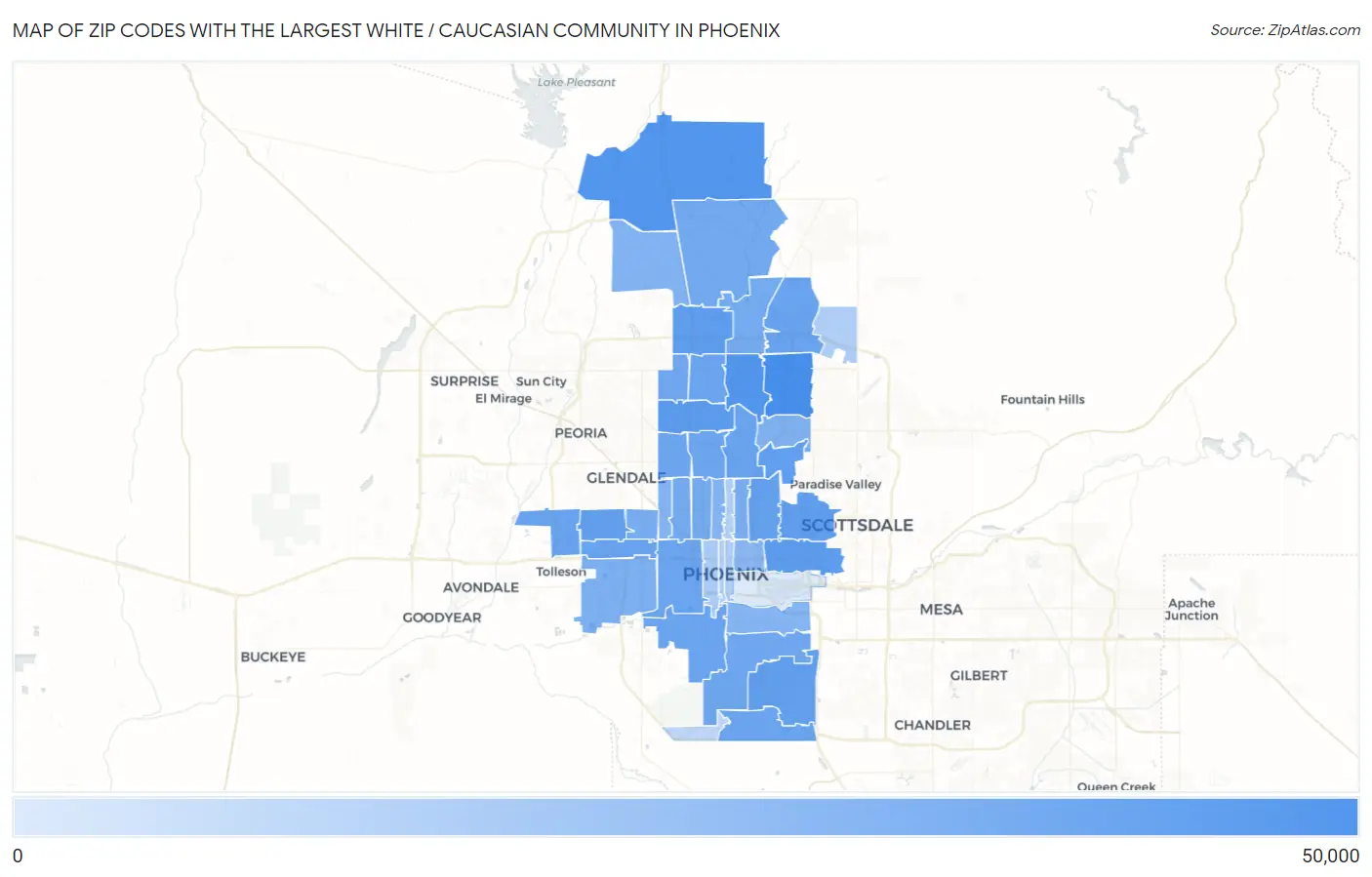Zip Codes with the Largest White / Caucasian Community in Phoenix Map