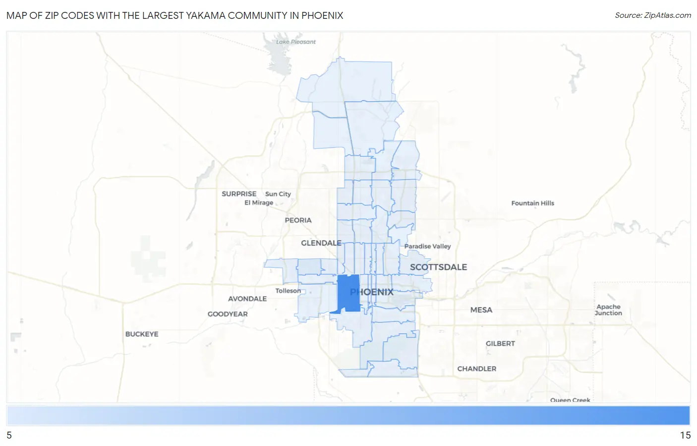 Zip Codes with the Largest Yakama Community in Phoenix Map