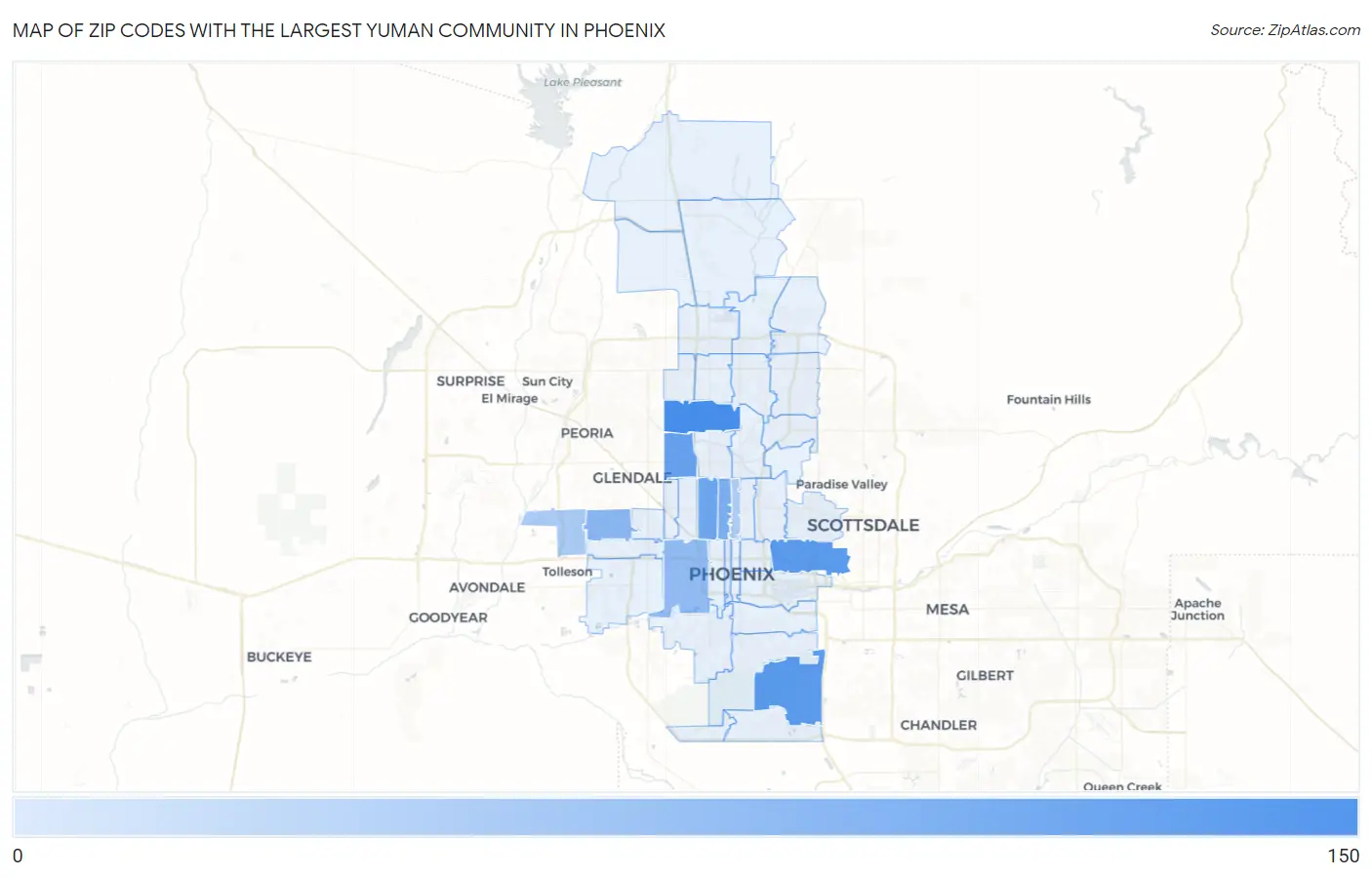 Zip Codes with the Largest Yuman Community in Phoenix Map