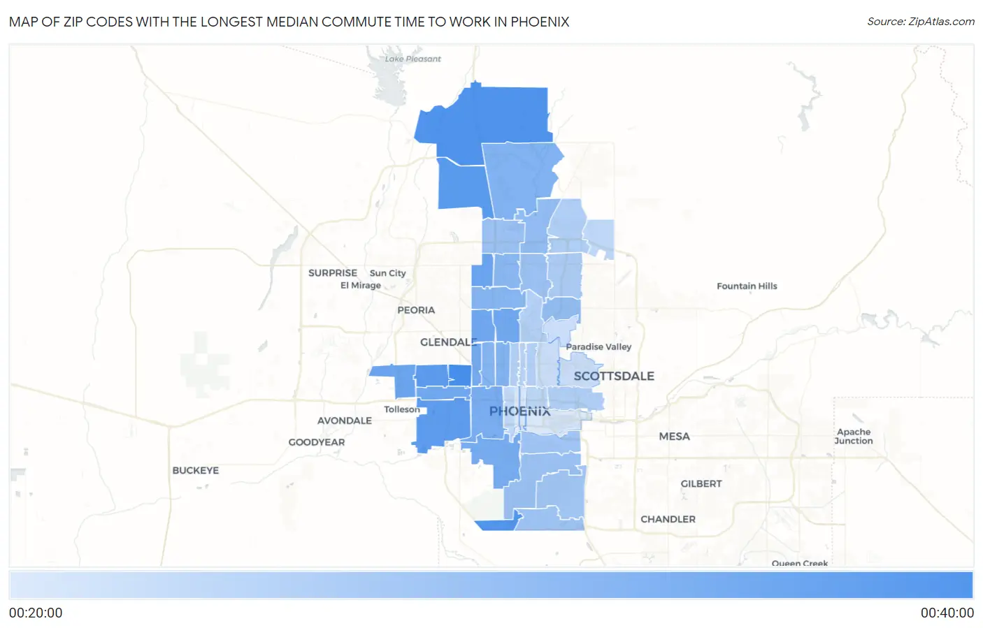 Zip Codes with the Longest Median Commute Time to Work in Phoenix Map