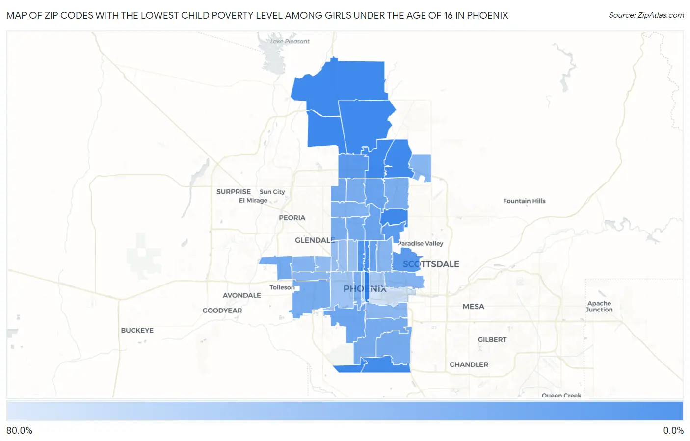 Zip Codes with the Lowest Child Poverty Level Among Girls Under the Age of 16 in Phoenix Map