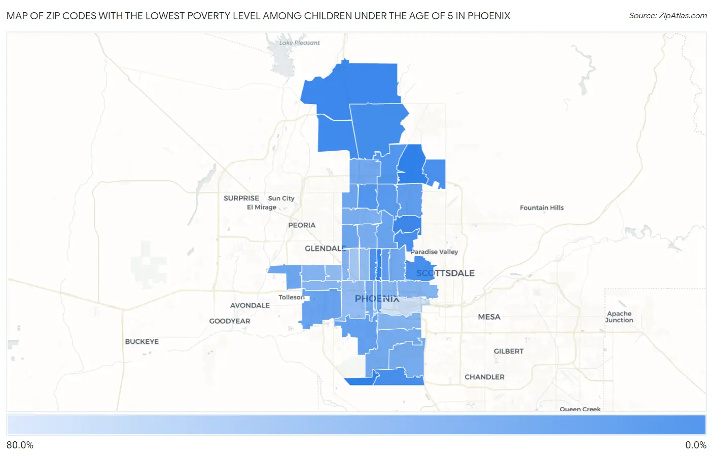 Zip Codes with the Lowest Poverty Level Among Children Under the Age of 5 in Phoenix Map