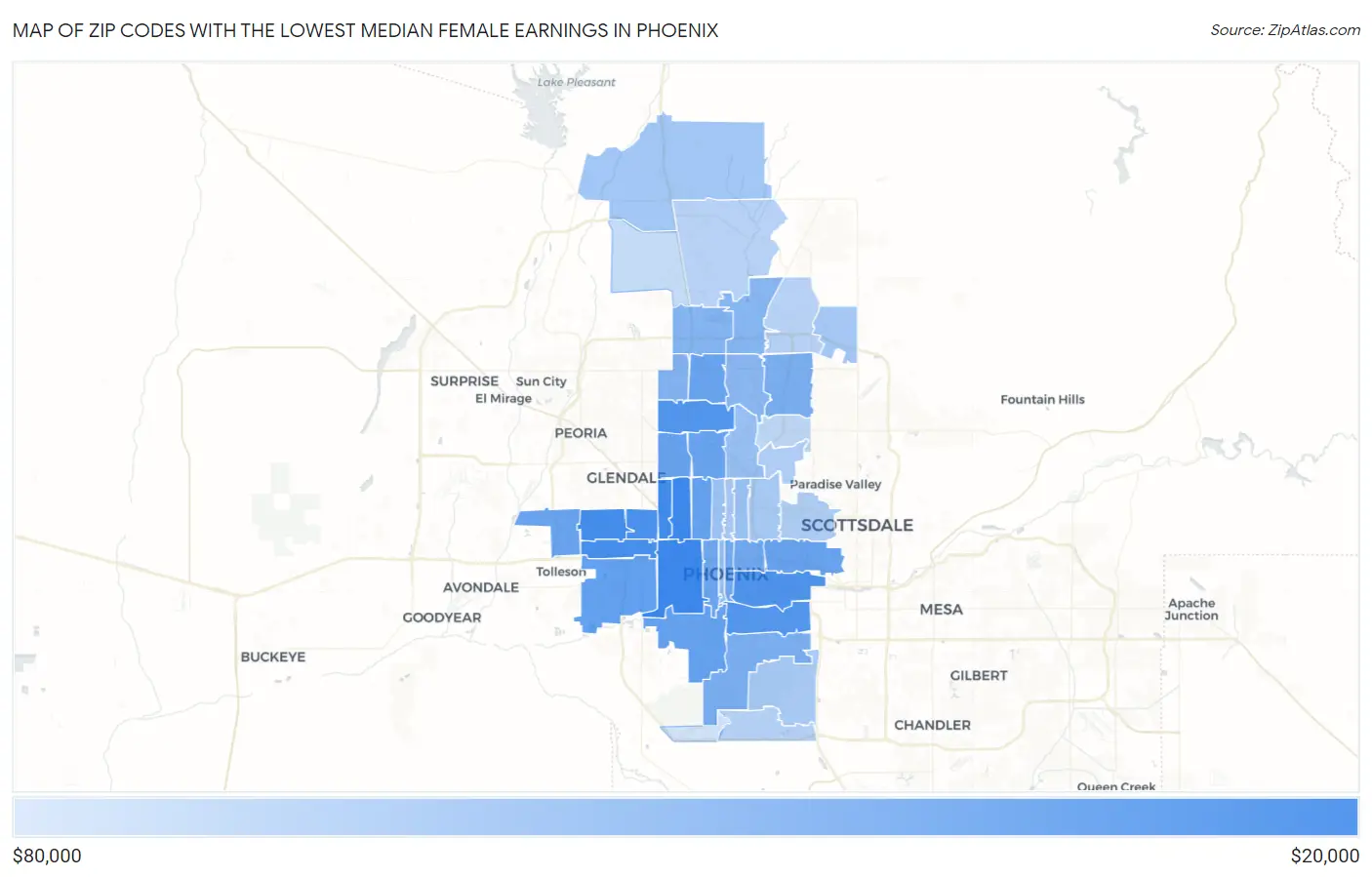 Zip Codes with the Lowest Median Female Earnings in Phoenix Map
