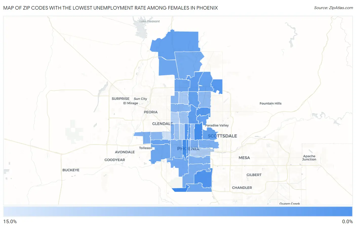 Zip Codes with the Lowest Unemployment Rate Among Females in Phoenix Map