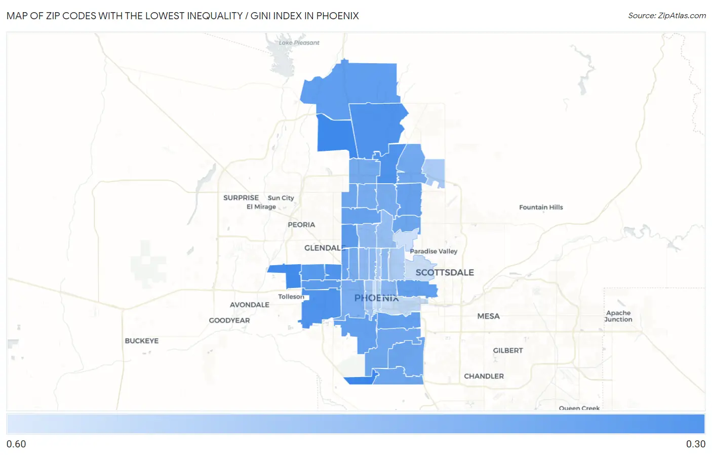 Zip Codes with the Lowest Inequality / Gini Index in Phoenix Map