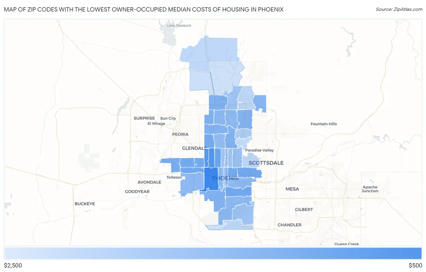 Zip Codes with the Lowest Owner-Occupied Median Costs of Housing in Phoenix Map