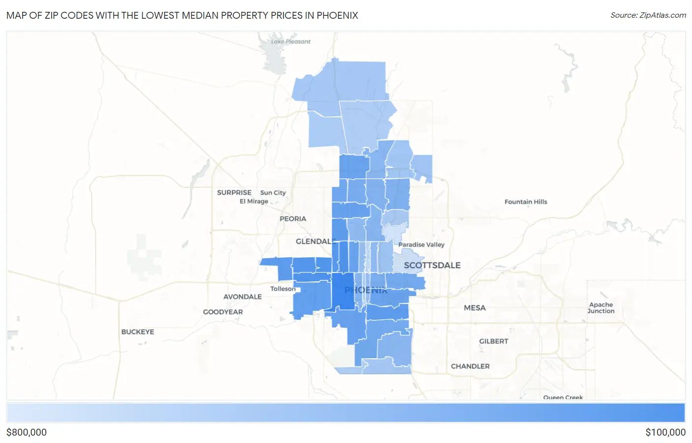 Zip Codes with the Lowest Median Property Prices in Phoenix Map