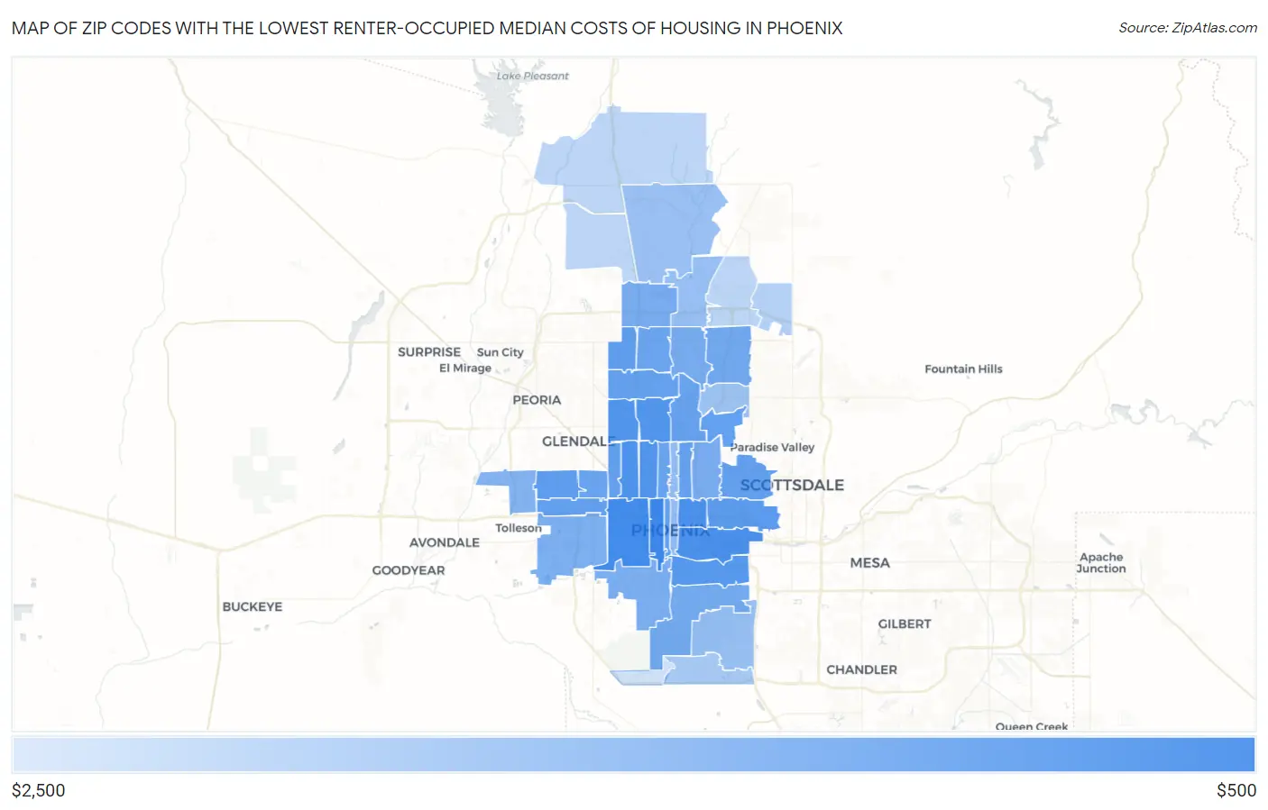 Zip Codes with the Lowest Renter-Occupied Median Costs of Housing in Phoenix Map
