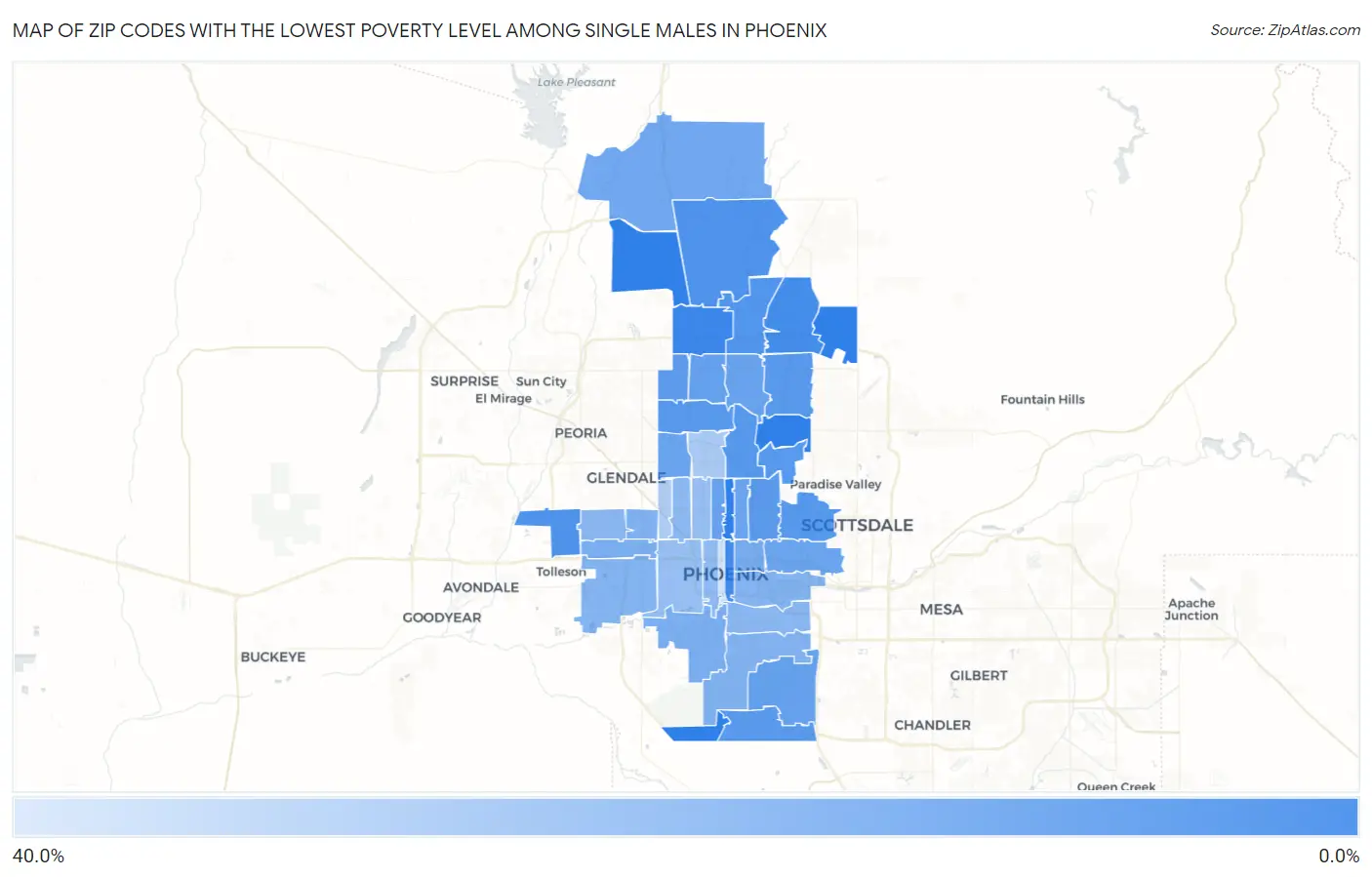 Zip Codes with the Lowest Poverty Level Among Single Males in Phoenix Map