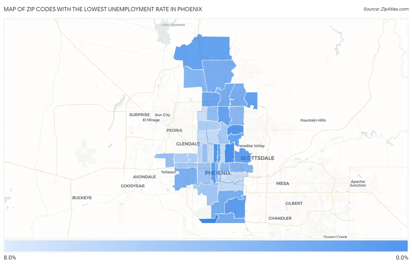 Zip Codes with the Lowest Unemployment Rate in Phoenix Map