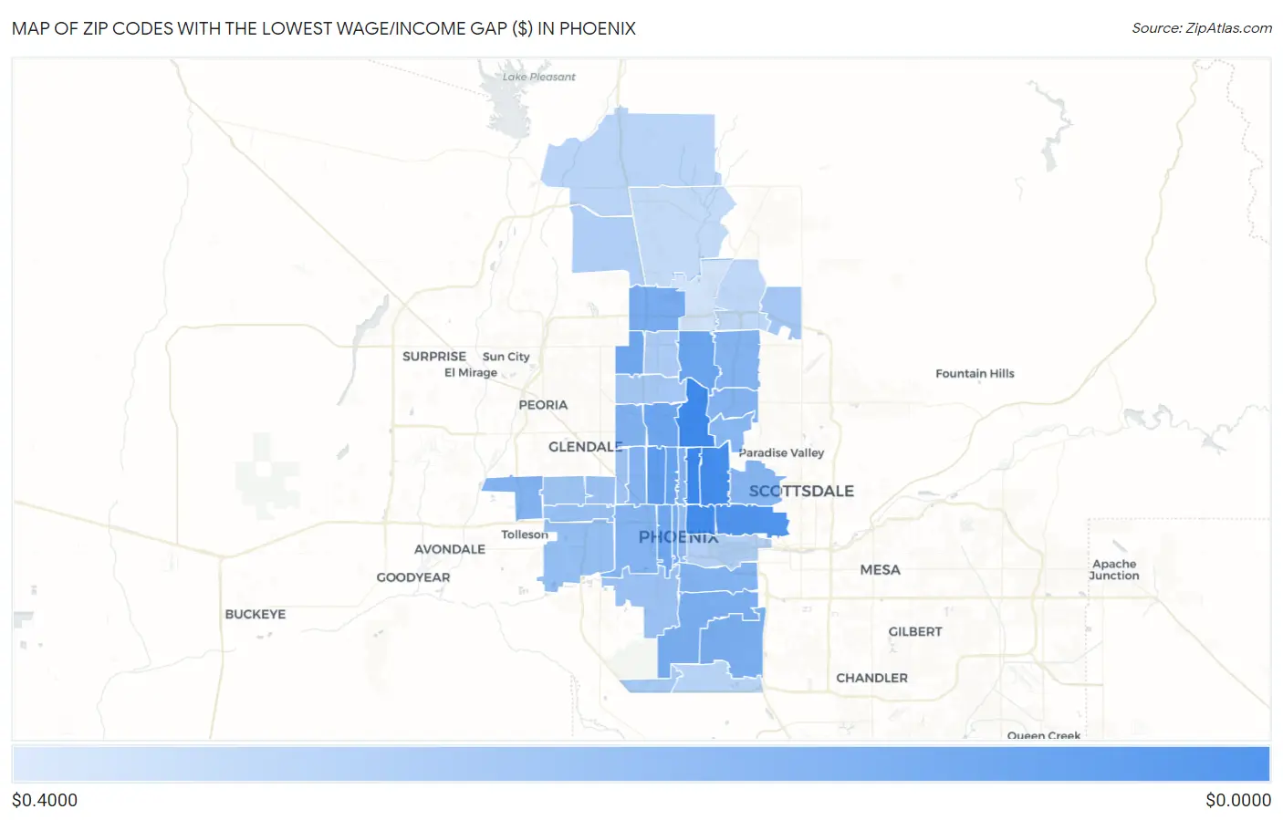 Zip Codes with the Lowest Wage/Income Gap ($) in Phoenix Map