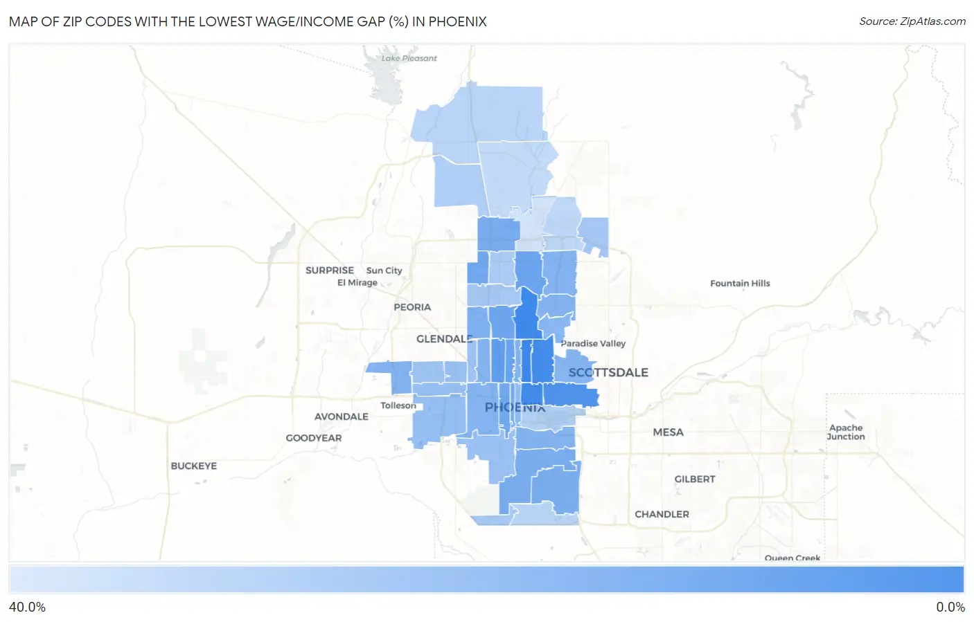 Zip Codes with the Lowest Wage/Income Gap (%) in Phoenix Map