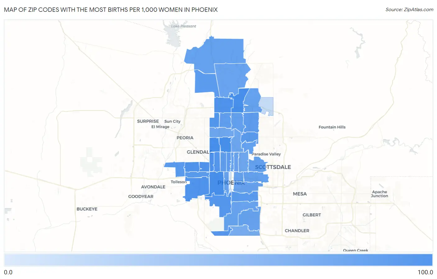 Zip Codes with the Most Births per 1,000 Women in Phoenix Map