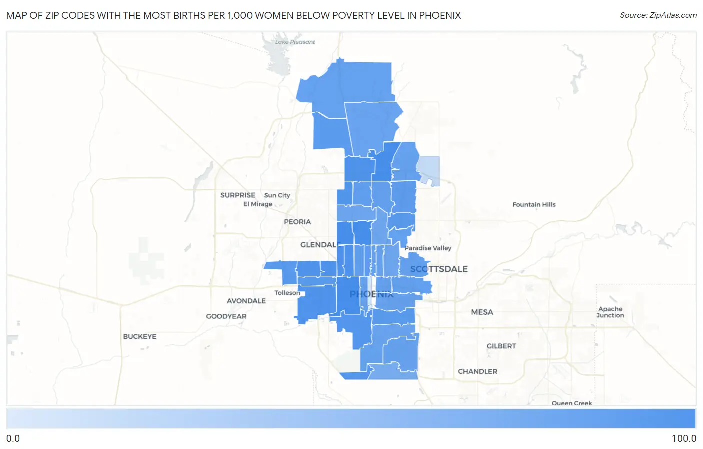 Zip Codes with the Most Births per 1,000 Women Below Poverty Level in Phoenix Map