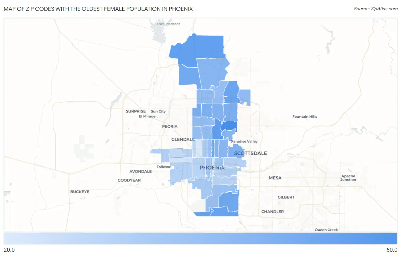 Zip Codes with the Oldest Female Population in Phoenix Map
