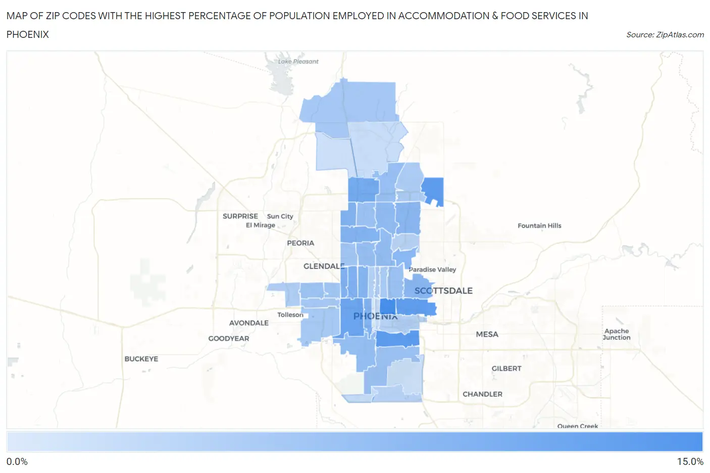 Zip Codes with the Highest Percentage of Population Employed in Accommodation & Food Services in Phoenix Map