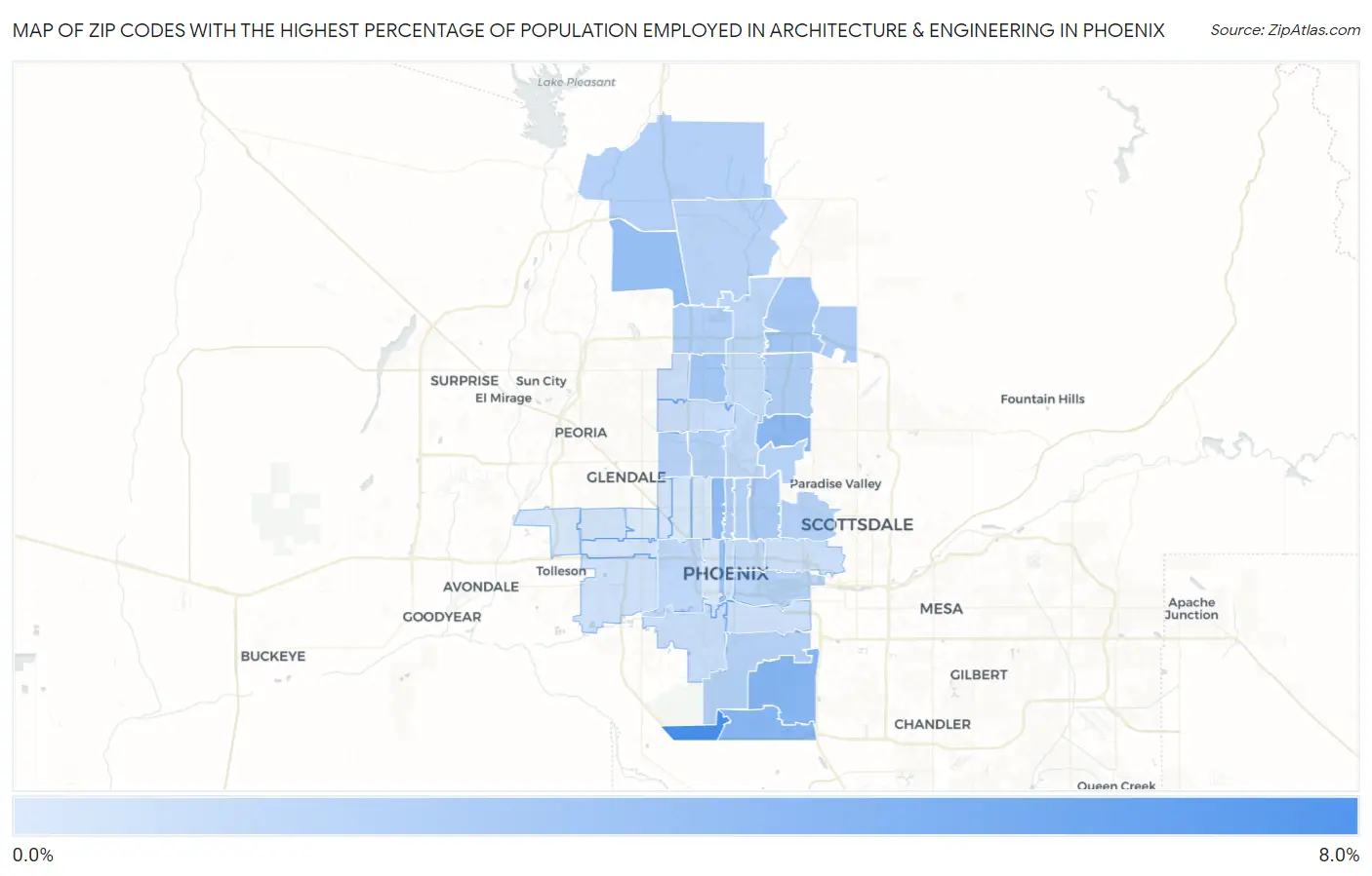 Zip Codes with the Highest Percentage of Population Employed in Architecture & Engineering in Phoenix Map