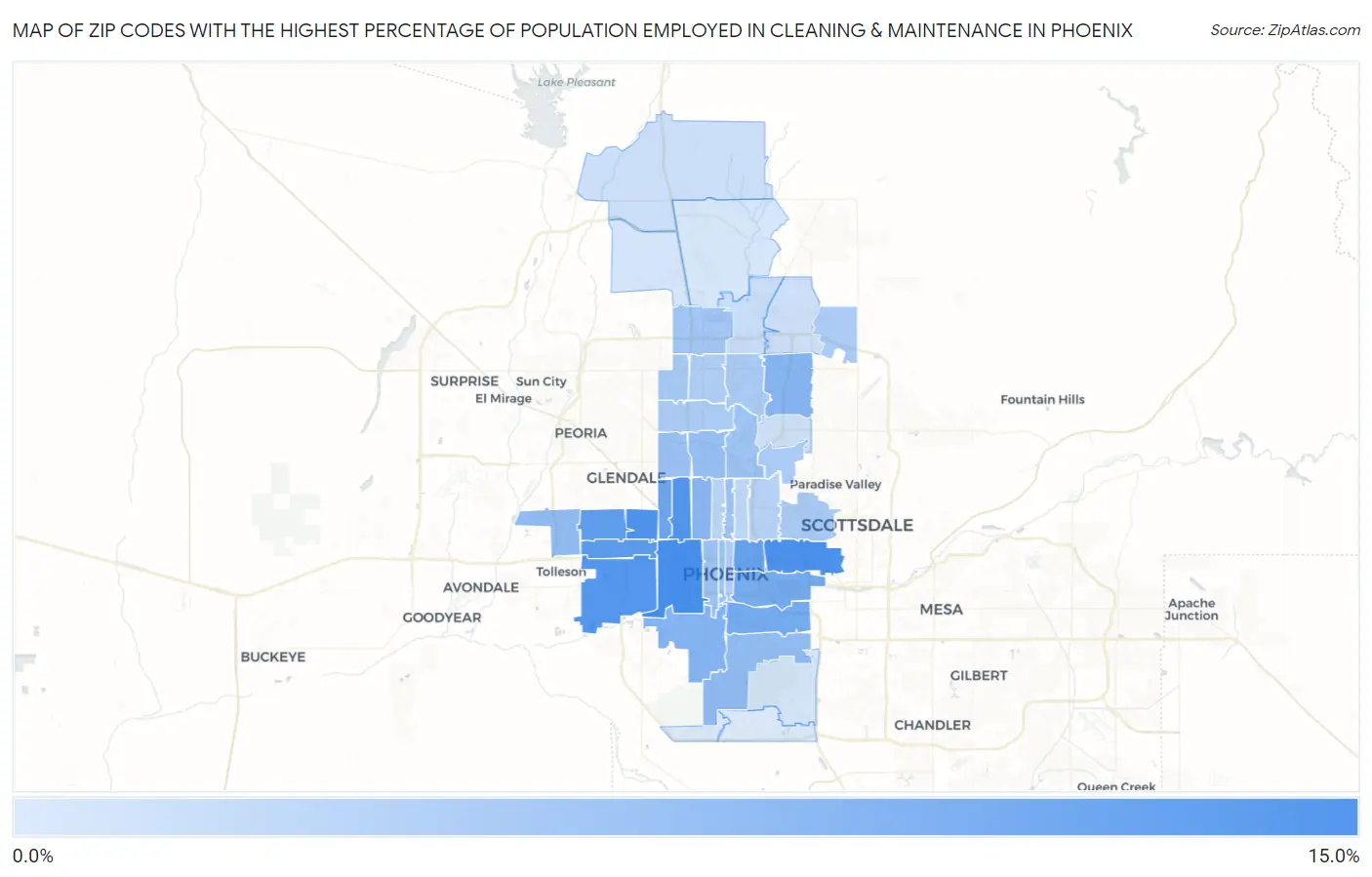 Zip Codes with the Highest Percentage of Population Employed in Cleaning & Maintenance in Phoenix Map