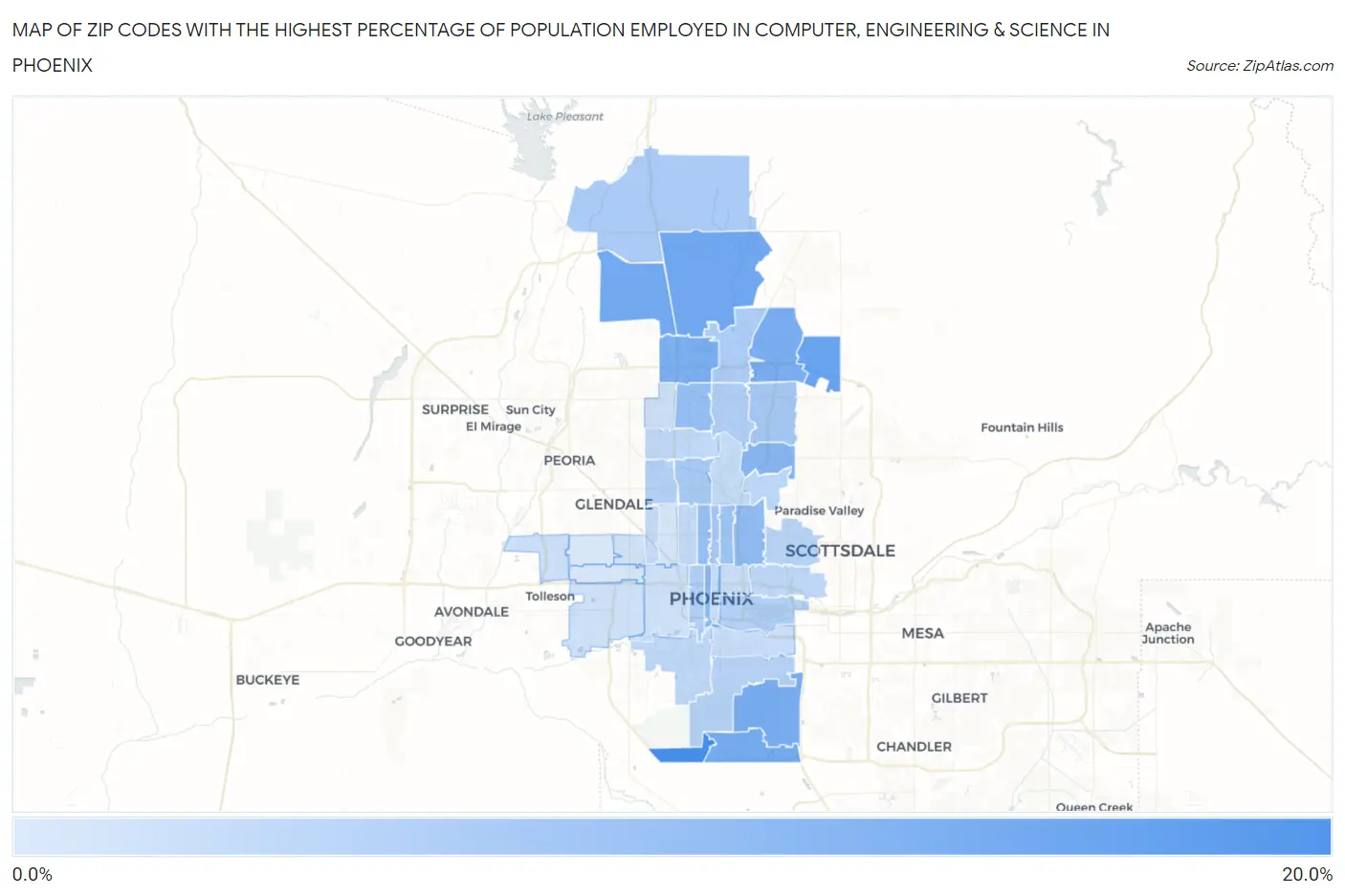 Zip Codes with the Highest Percentage of Population Employed in Computer, Engineering & Science in Phoenix Map