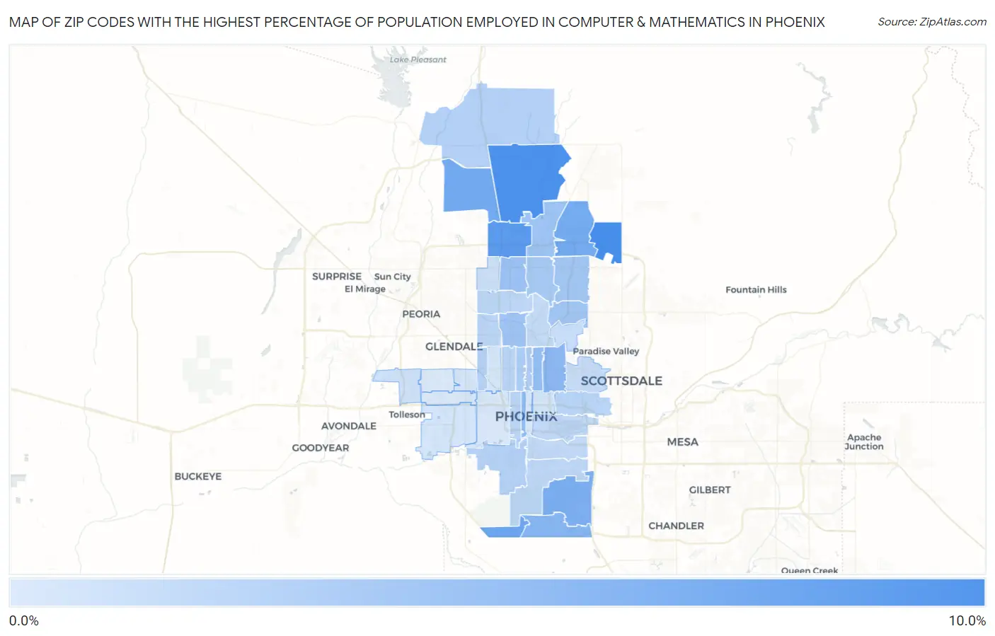 Zip Codes with the Highest Percentage of Population Employed in Computer & Mathematics in Phoenix Map