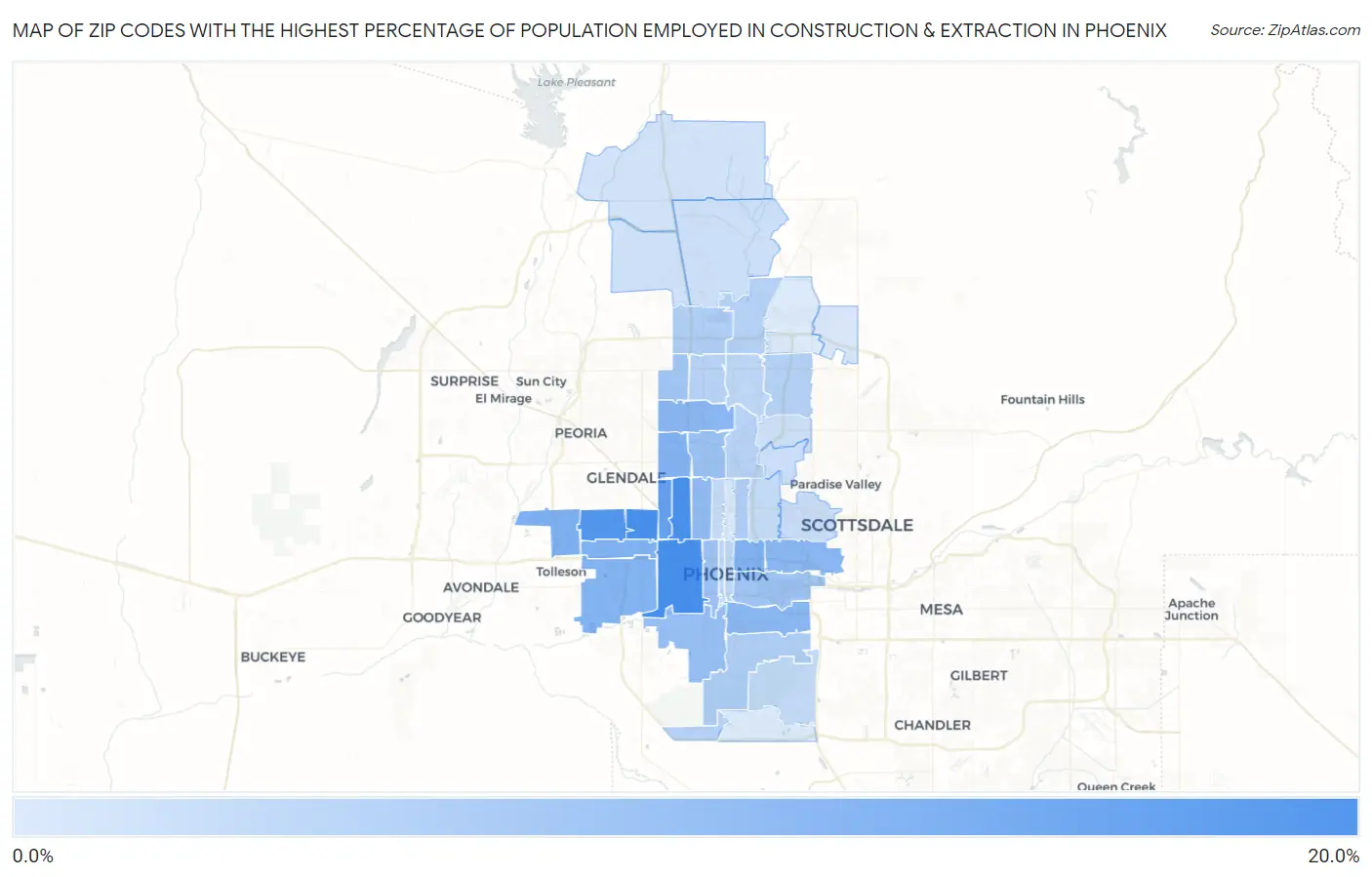 Zip Codes with the Highest Percentage of Population Employed in Construction & Extraction in Phoenix Map