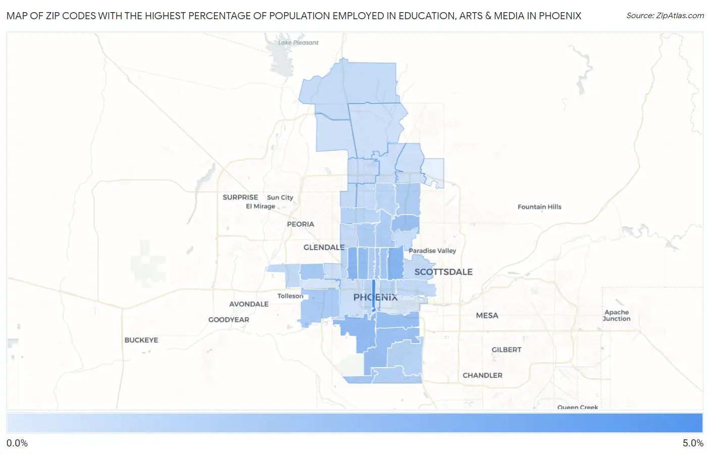 Zip Codes with the Highest Percentage of Population Employed in Education, Arts & Media in Phoenix Map