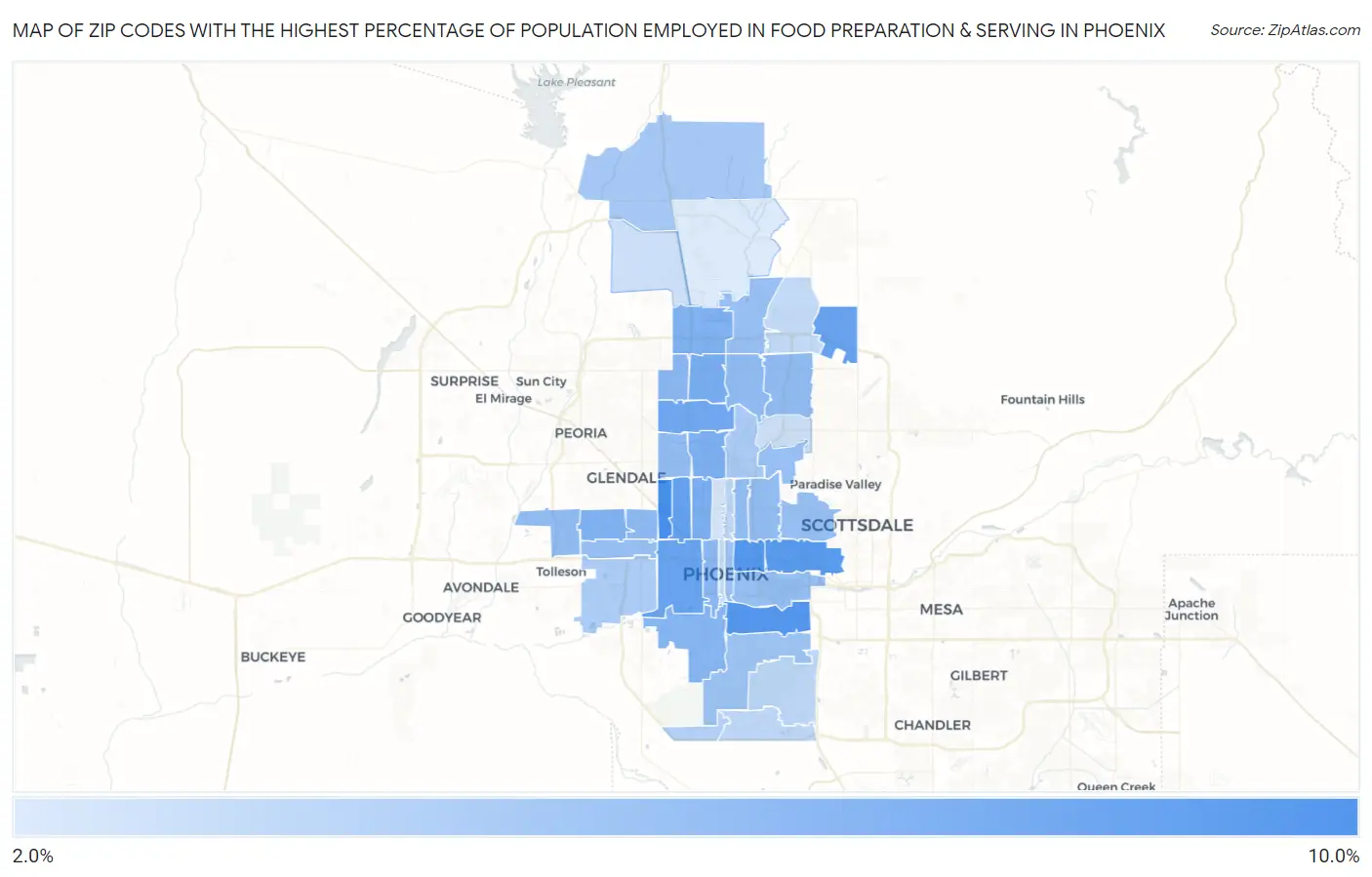 Zip Codes with the Highest Percentage of Population Employed in Food Preparation & Serving in Phoenix Map