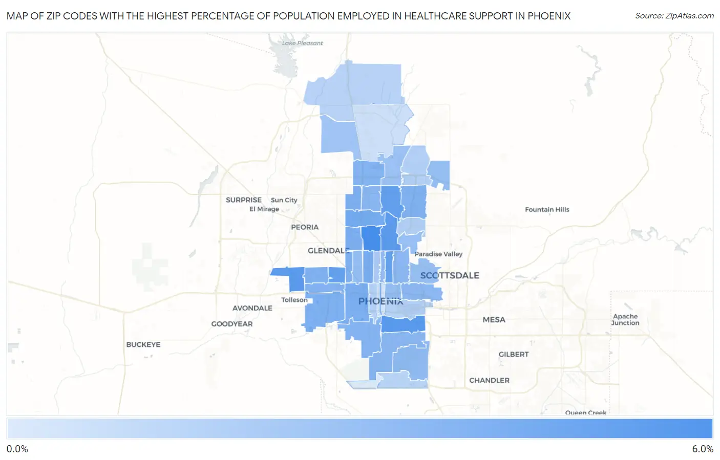 Zip Codes with the Highest Percentage of Population Employed in Healthcare Support in Phoenix Map