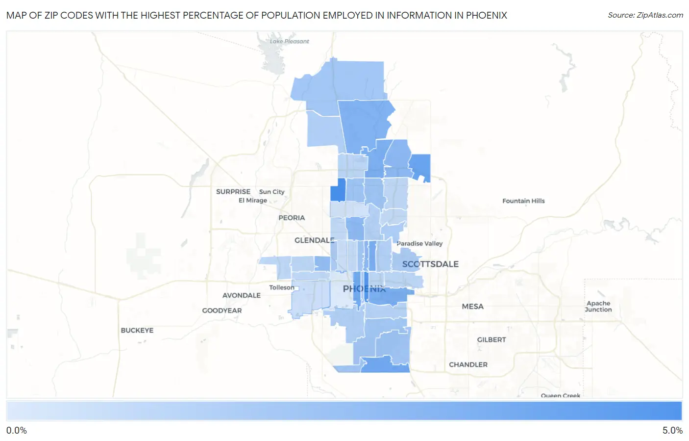 Zip Codes with the Highest Percentage of Population Employed in Information in Phoenix Map