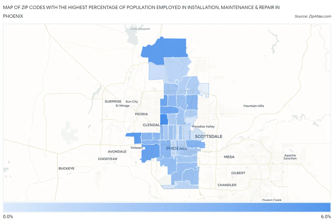 Zip Codes with the Highest Percentage of Population Employed in Installation, Maintenance & Repair in Phoenix Map