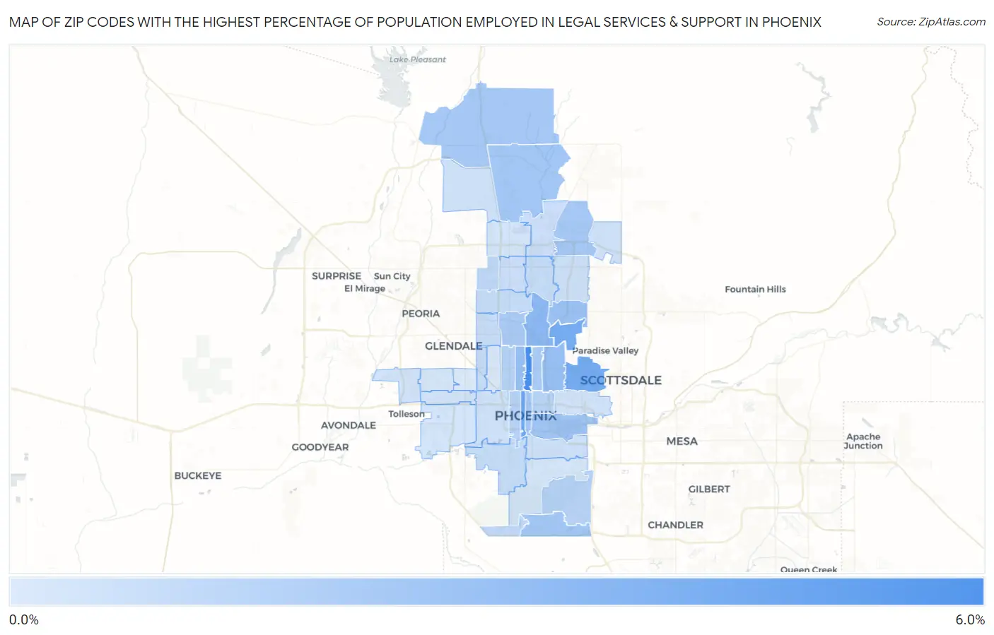 Zip Codes with the Highest Percentage of Population Employed in Legal Services & Support in Phoenix Map