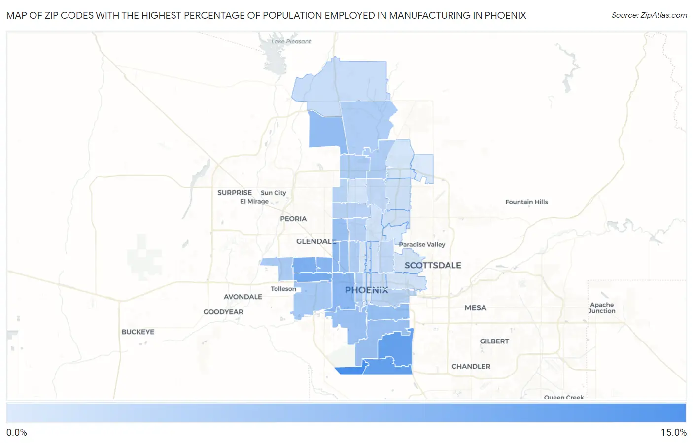 Zip Codes with the Highest Percentage of Population Employed in Manufacturing in Phoenix Map
