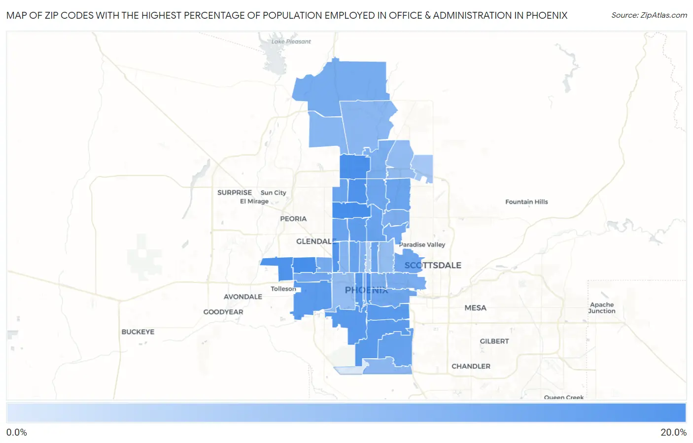 Zip Codes with the Highest Percentage of Population Employed in Office & Administration in Phoenix Map