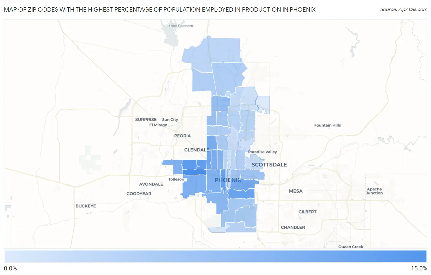 Zip Codes with the Highest Percentage of Population Employed in Production in Phoenix Map