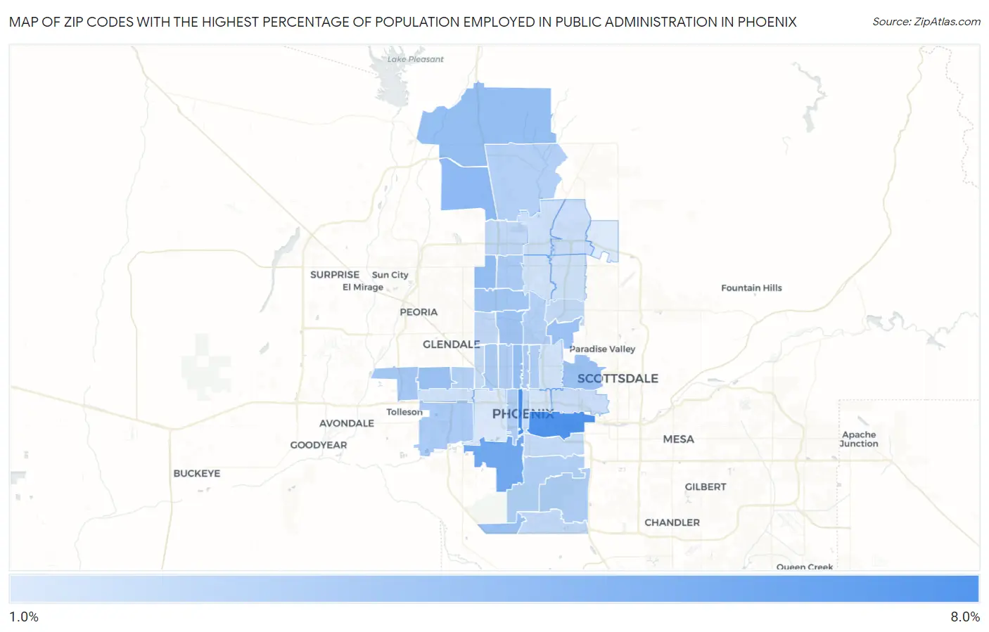Zip Codes with the Highest Percentage of Population Employed in Public Administration in Phoenix Map