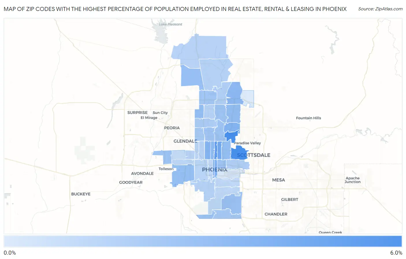 Zip Codes with the Highest Percentage of Population Employed in Real Estate, Rental & Leasing in Phoenix Map