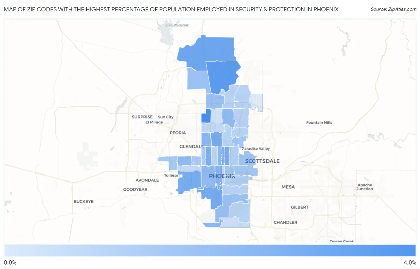 Zip Codes with the Highest Percentage of Population Employed in Security & Protection in Phoenix Map