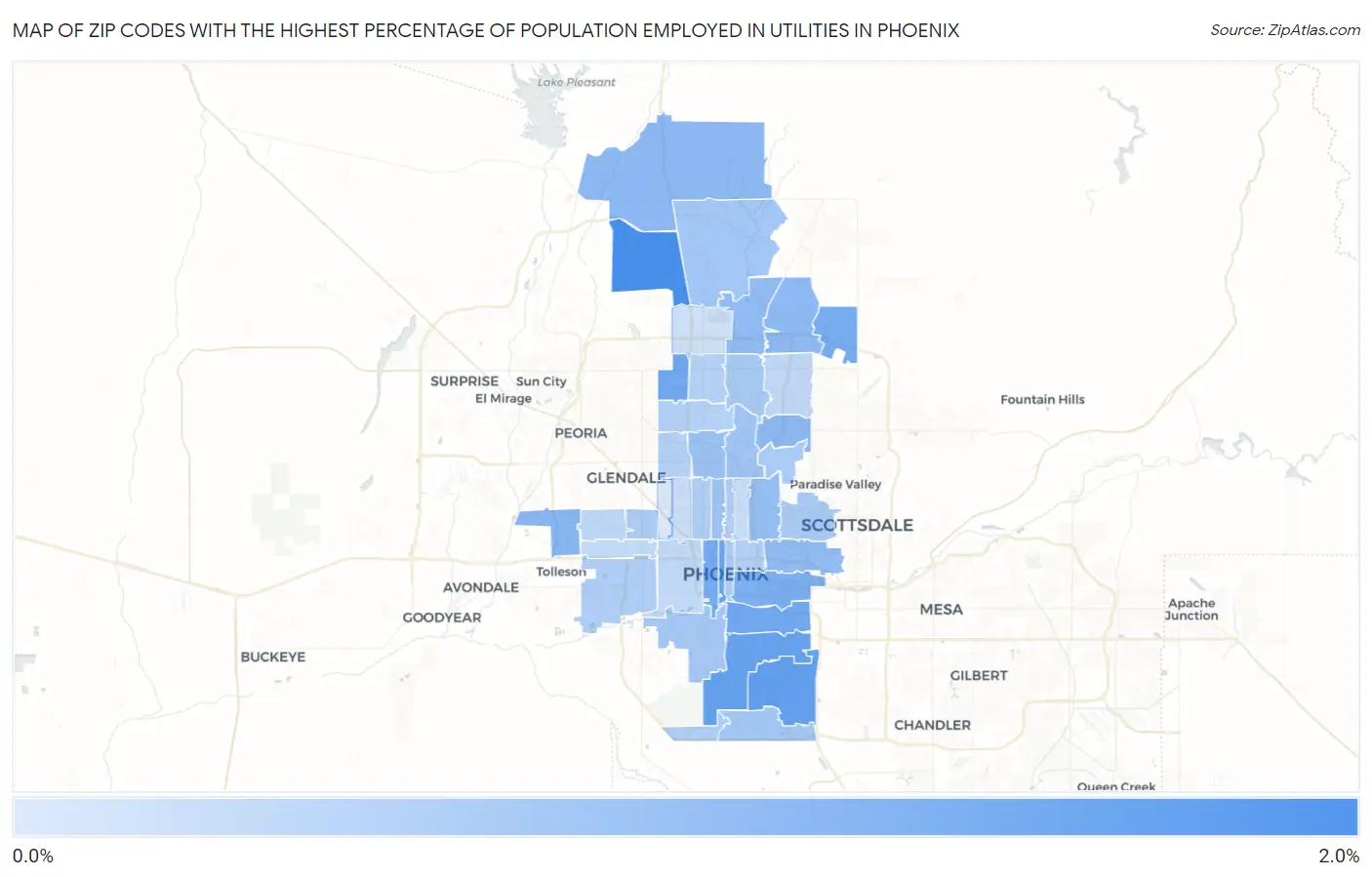 Zip Codes with the Highest Percentage of Population Employed in Utilities in Phoenix Map