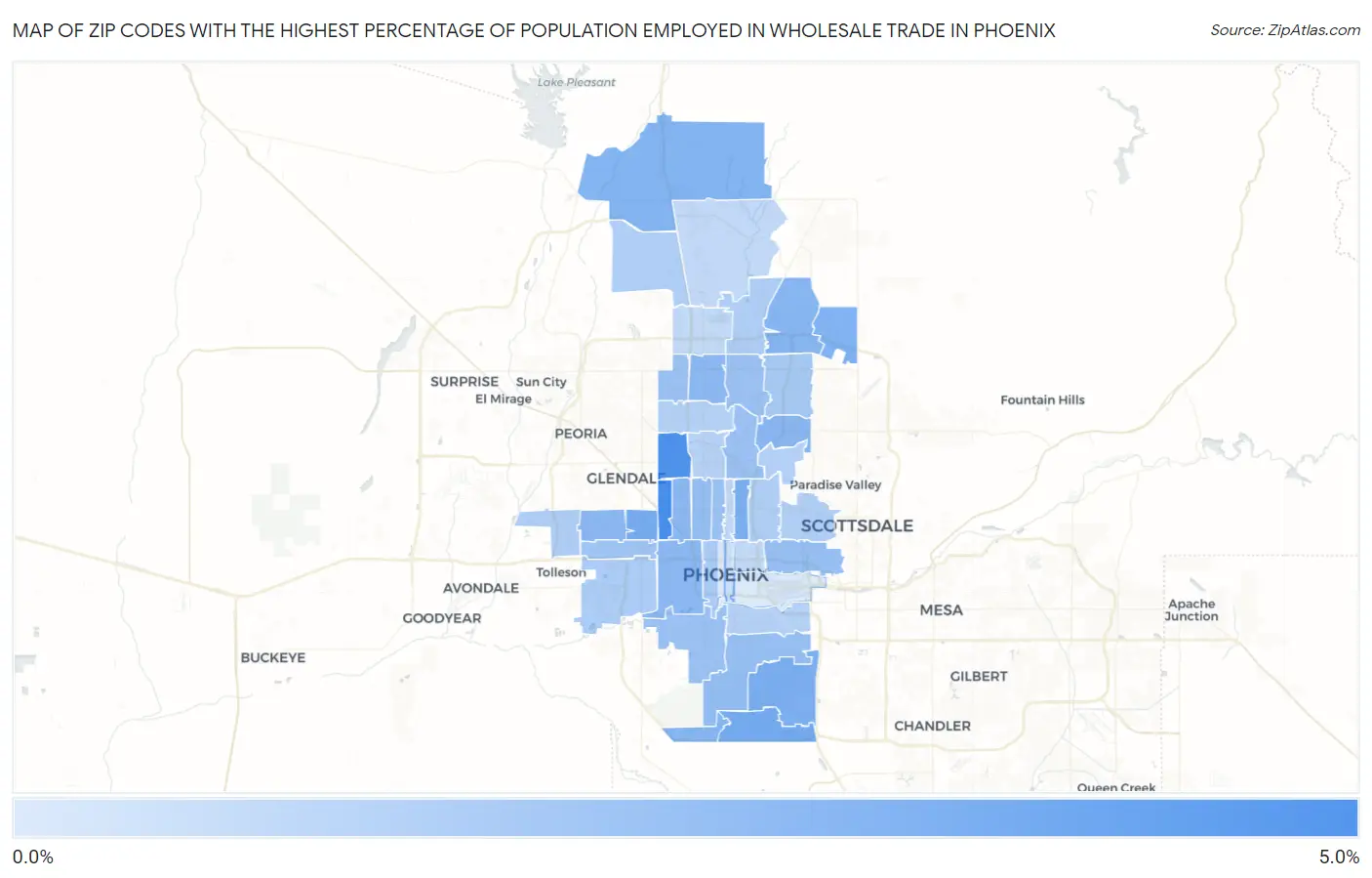 Zip Codes with the Highest Percentage of Population Employed in Wholesale Trade in Phoenix Map