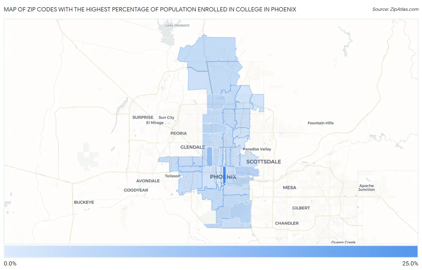 Zip Codes with the Highest Percentage of Population Enrolled in College in Phoenix Map