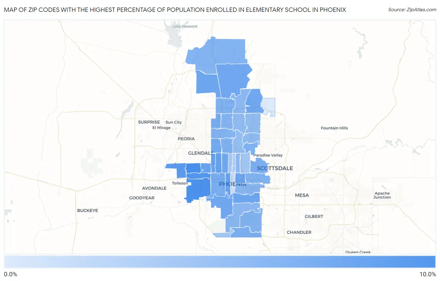Zip Codes with the Highest Percentage of Population Enrolled in Elementary School in Phoenix Map