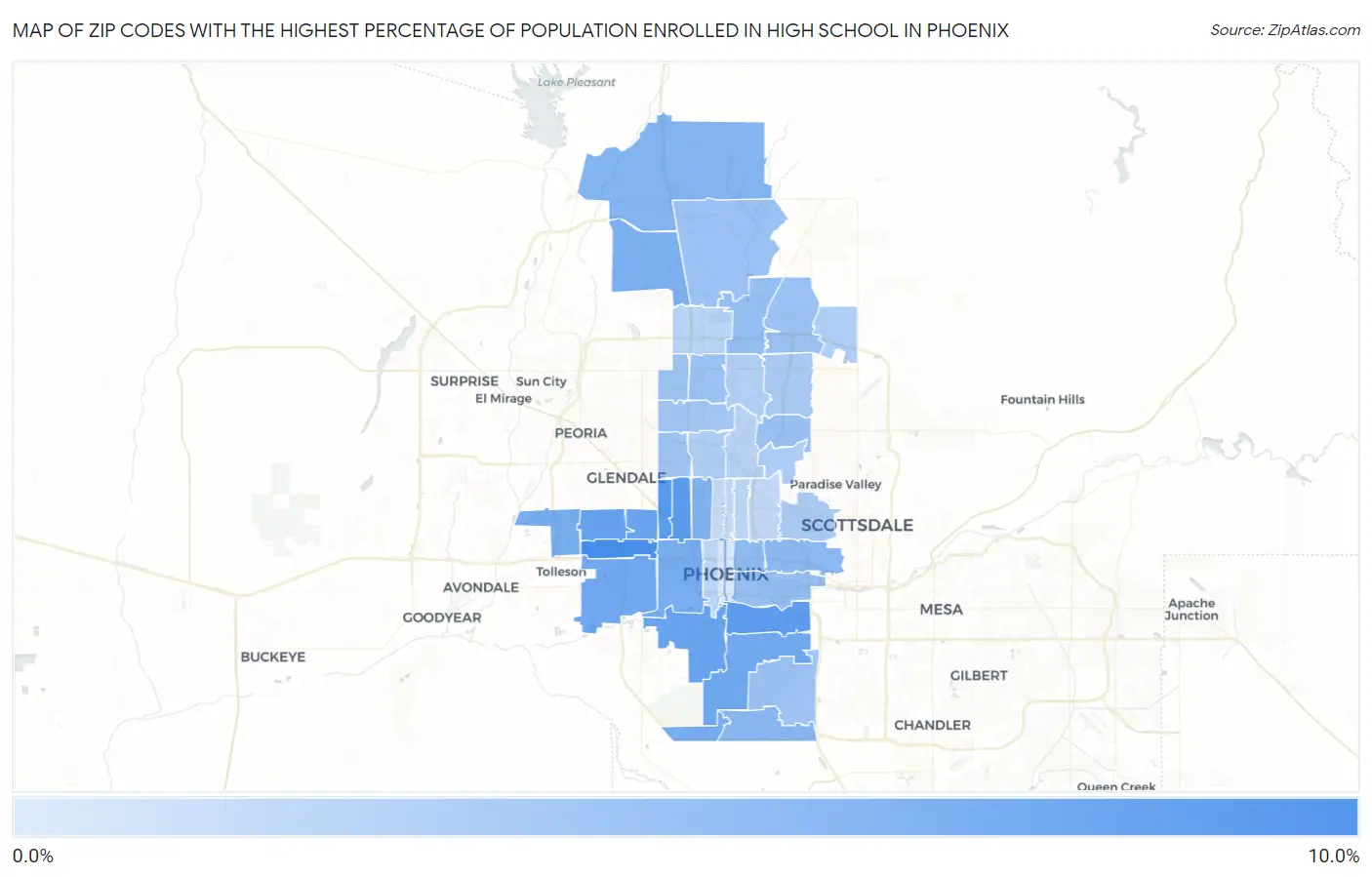 Zip Codes with the Highest Percentage of Population Enrolled in High School in Phoenix Map