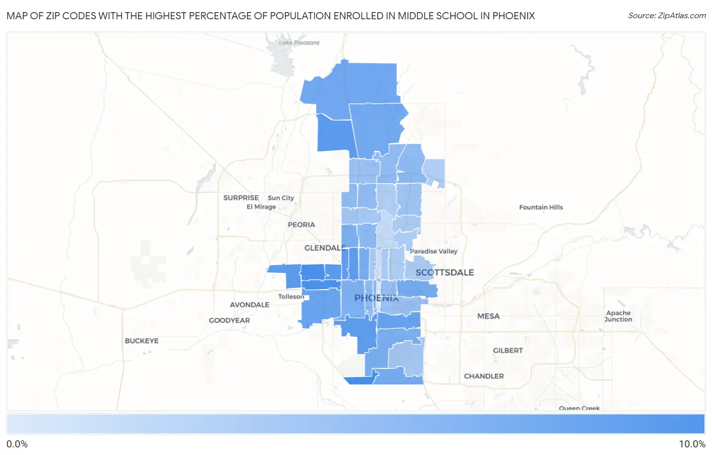 Zip Codes with the Highest Percentage of Population Enrolled in Middle School in Phoenix Map
