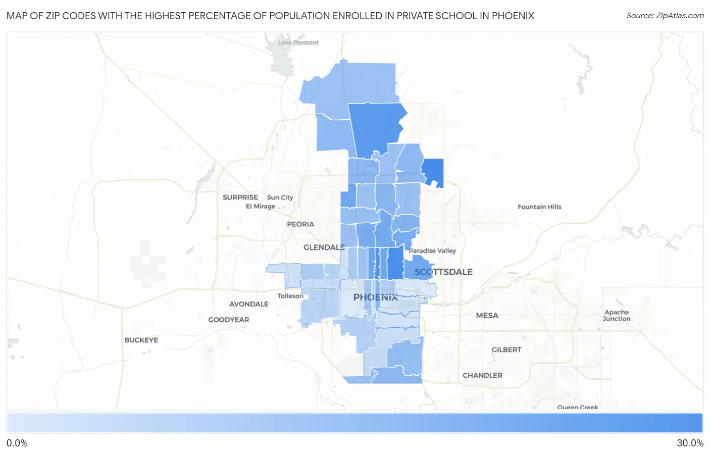 Zip Codes with the Highest Percentage of Population Enrolled in Private School in Phoenix Map
