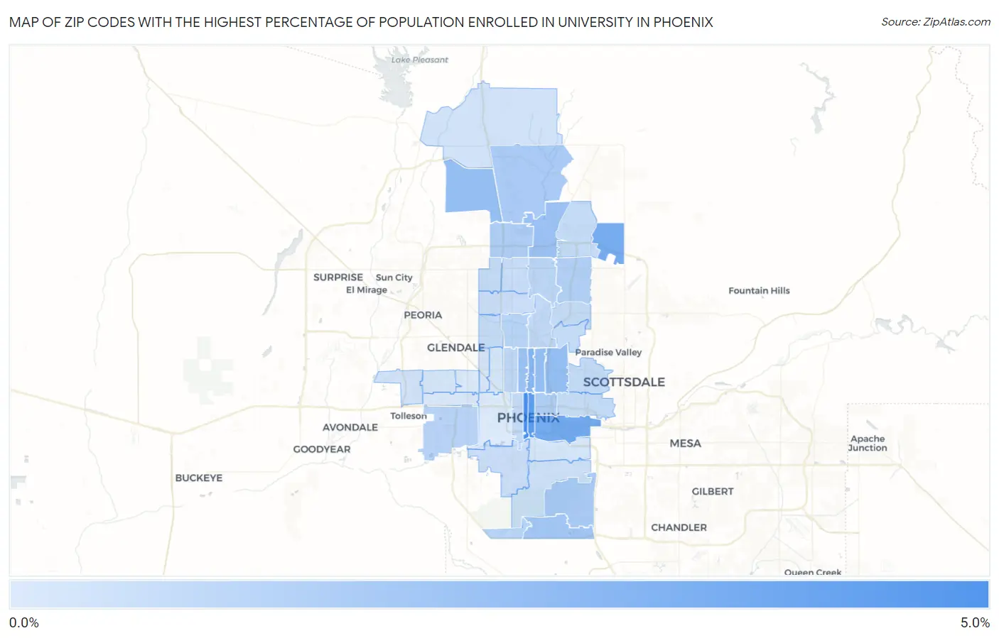 Zip Codes with the Highest Percentage of Population Enrolled in University in Phoenix Map